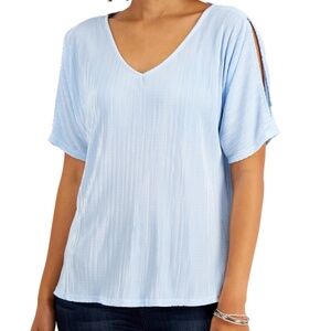 JM Collection Womens XS Pullover Pleated Top Pale Blue Sparkle Short Slit Sleeve